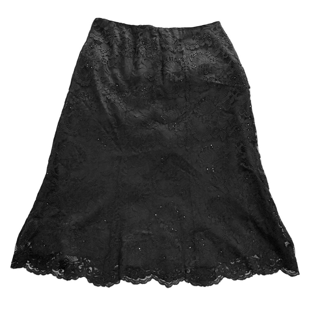 Garnet Hill Black Floral Lace‎ Midi Skirt Beaded Lined Whimsigoth A-Line Size 10